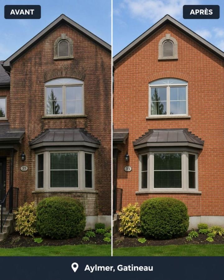 Avant-après nettoyage de façade en brique à Aylmer par QNett Services